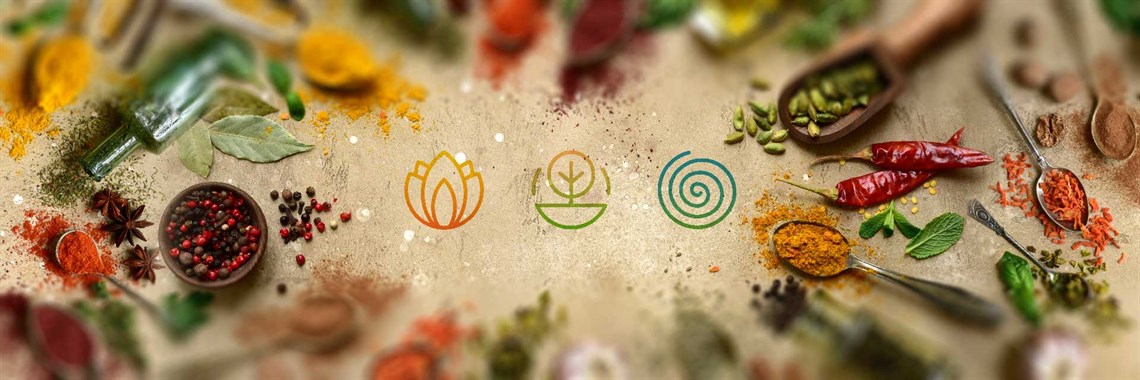 Ayurveda dosha symbols on background with Ayurvedic spices