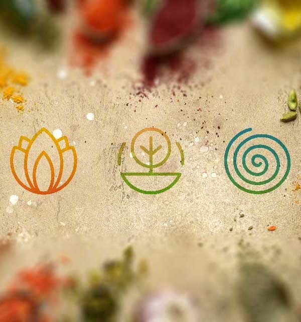 Ayurveda dosha symbols on background with Ayurvedic spices