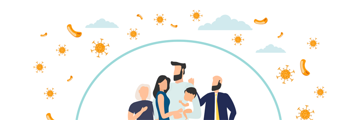 Graphic of family in a bubble protected from viruses and bacteria outside