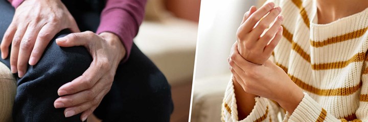 Man holding knee and woman holding wrist