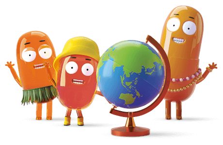 Vitamin characters standing around a globe