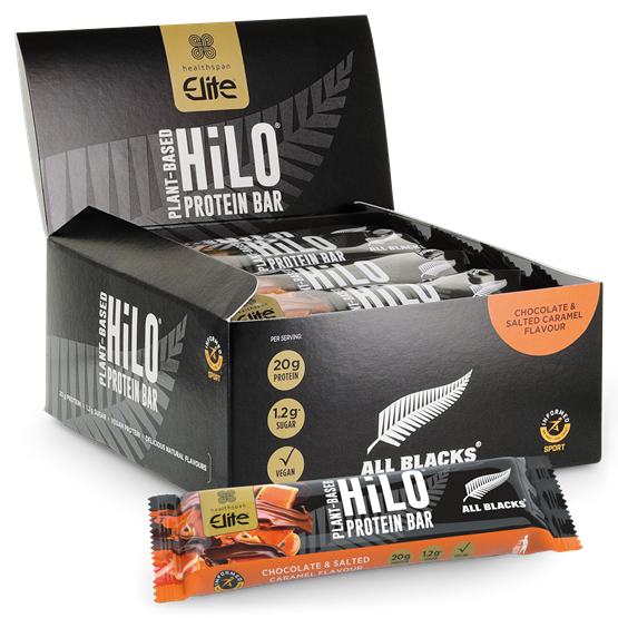 Elite All Blacks Plant−Based HiLo® Protein Bar − Chocolate and Salted Caramel Flavour